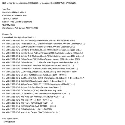 03.2015-up MERCEDES-BENZ Marco Polo Camper (W447) Sensore NOX Sensore di ossigeno A0009052909
