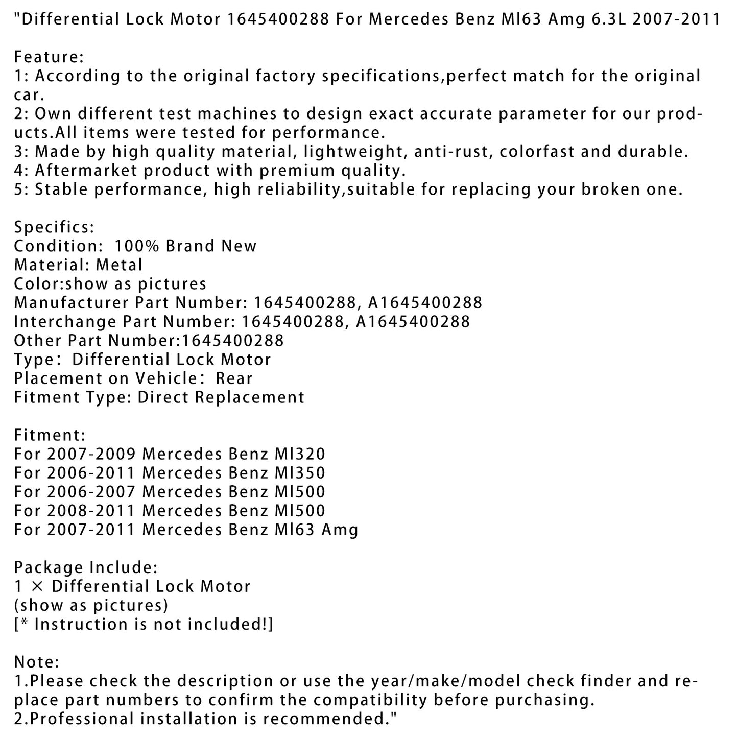 Motore di bloccaggio differenziale Mercedes Benz Ml320 2007-2009 1645400288
