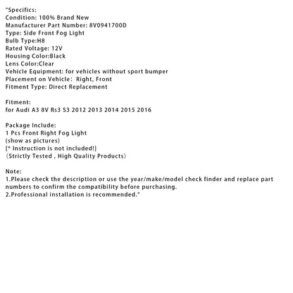 2012-2016 Audi A3 8V RS3 S3 1 pz. Fendinebbia anteriore destro con lampadine