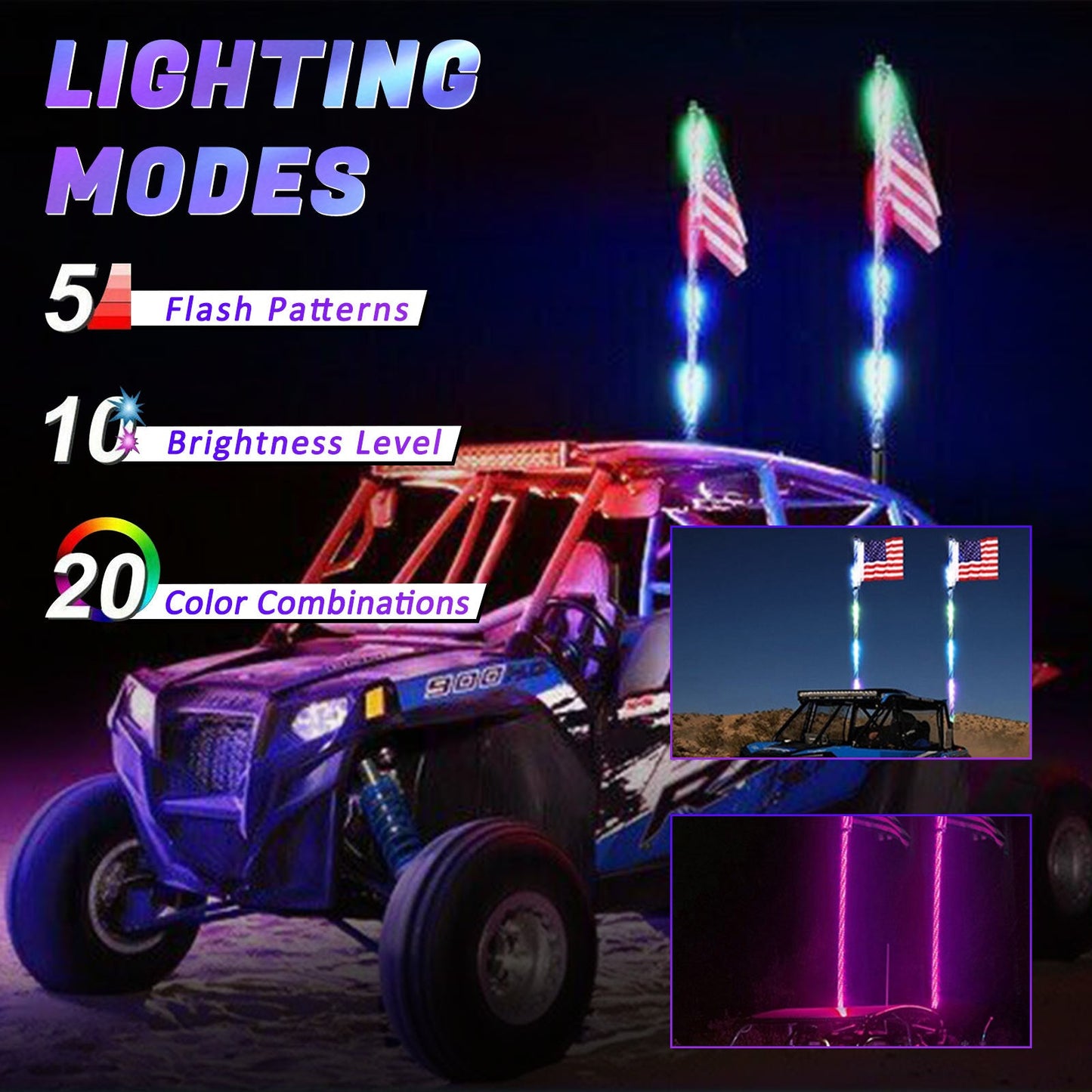 Antenna con luci a frusta LED RGB da 2 piedi con telecomando per bandiera per Polaris RZR UTV ATV