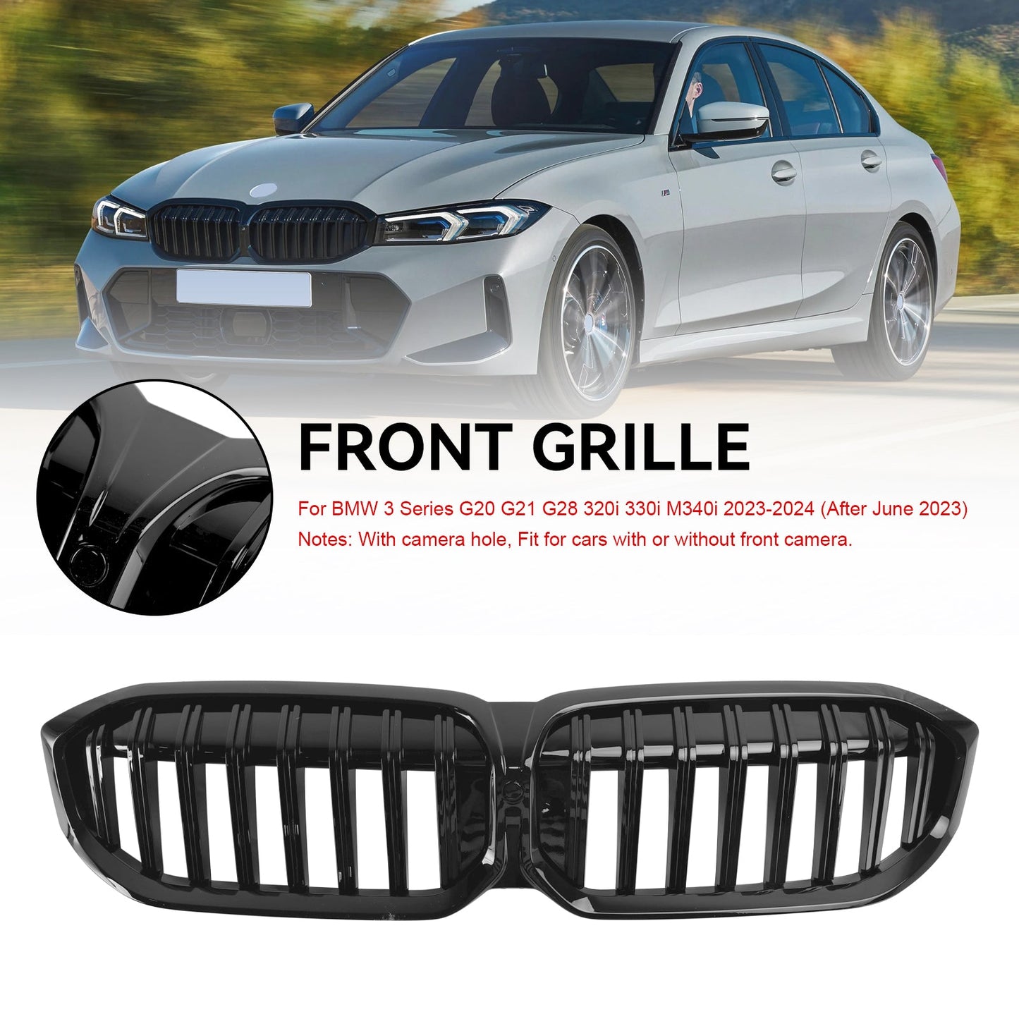 Griglia a rene anteriore nera lucida per BMW Serie 3 G20 G21 G28 320i 330i M340i 2023-2024