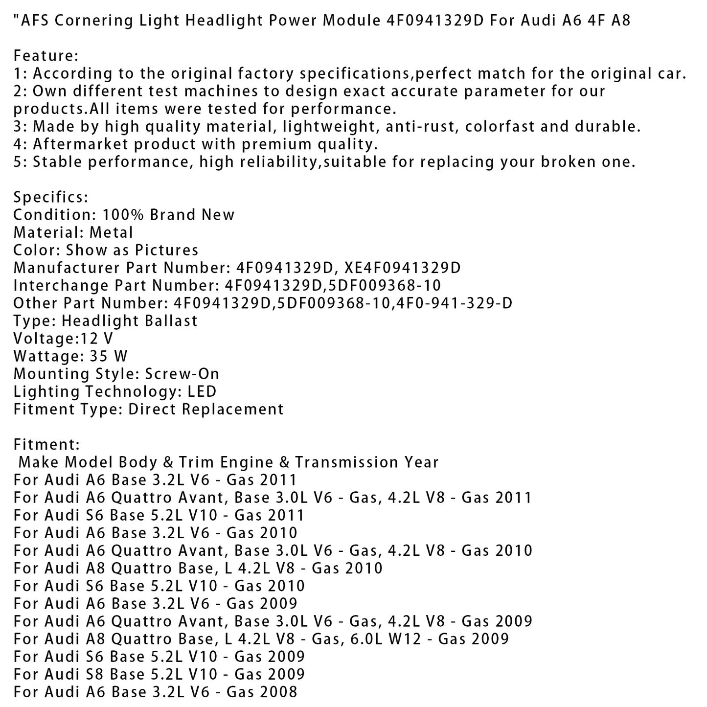 Modulo di alimentazione fari AFS Cornering Light 4F0941329D per Audi A6 4F A8