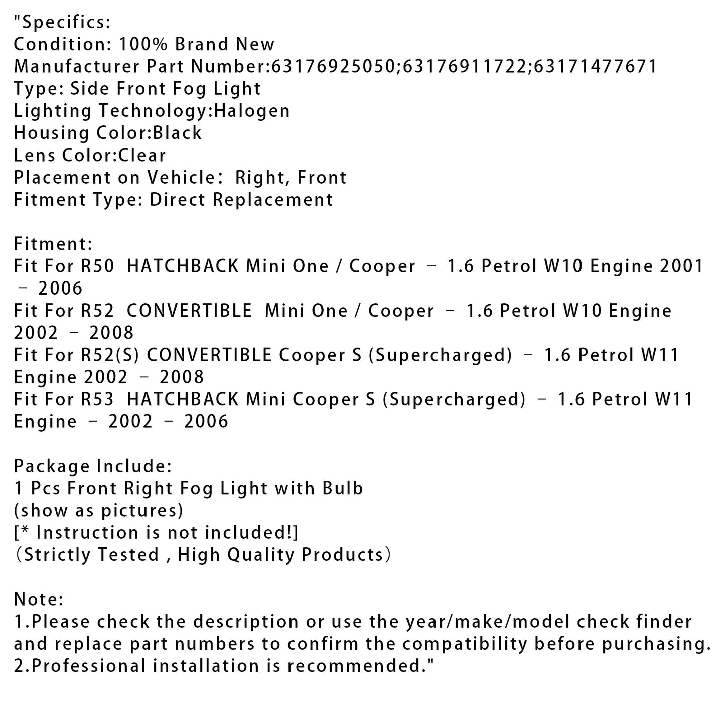 1 pz. Paraurti anteriore destro fendinebbia per Mini Cooper One R50 R52 R53 63176925050