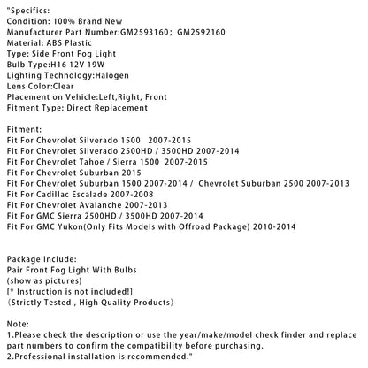 Coppia di fari fendinebbia anteriori con lampadine per Chevy Silverado 2007-2013, lenti trasparenti