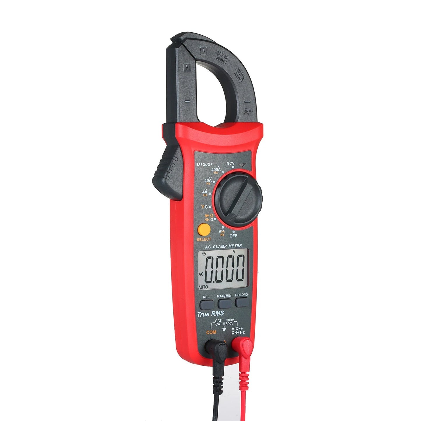 Multimetro portatile UT202+ con selezione automatica della portata, misuratore True RMS a pinza e display LCD.