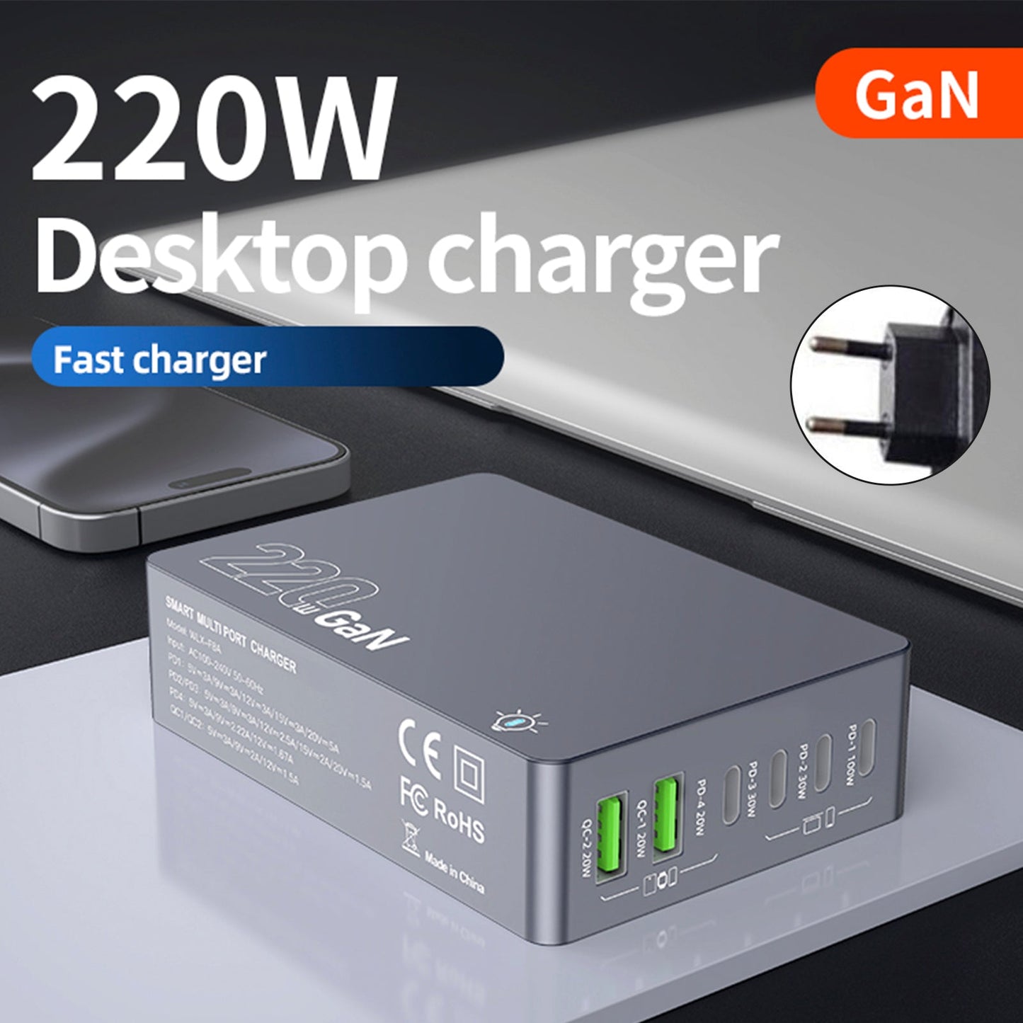 Stazione di ricarica da tavolo F8A Caricabatterie rapido USB a 6 porte Supporto di ricarica PD100W Caricabatterie intelligente Spina UE