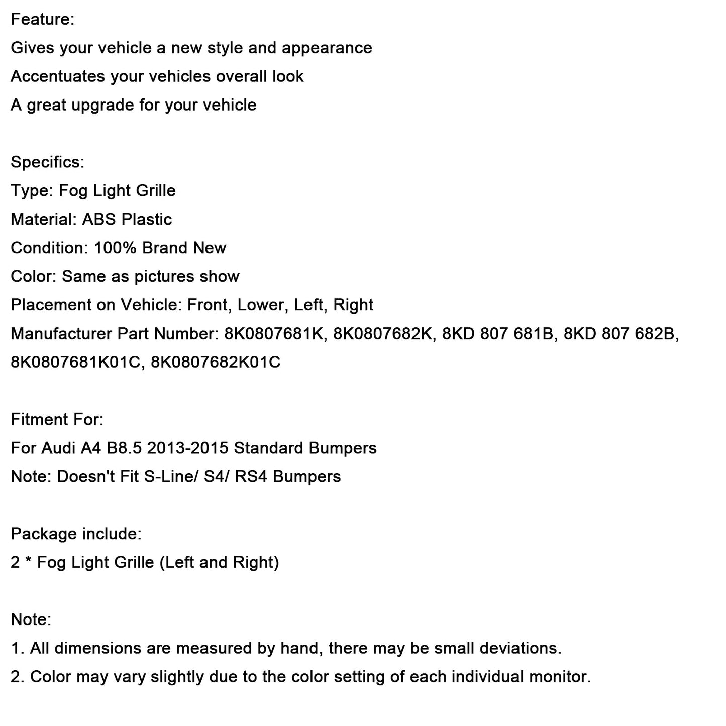 Copertura fendinebbia a nido d'ape nera Audi A4 B8.5 2013-2015, paraurti standard