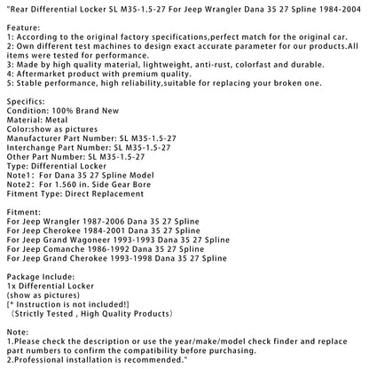 1984-2001 Jeep Cherokee Dana 35 27 Spline differenziale posteriore bloccabile SL M35-1.5-27