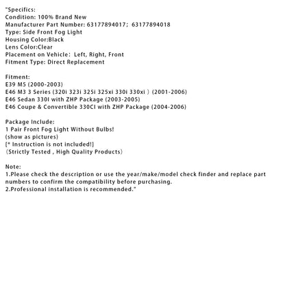 Coppia di fari fendinebbia anteriori senza lampadine per BMW E46 Serie 3 2001-2006