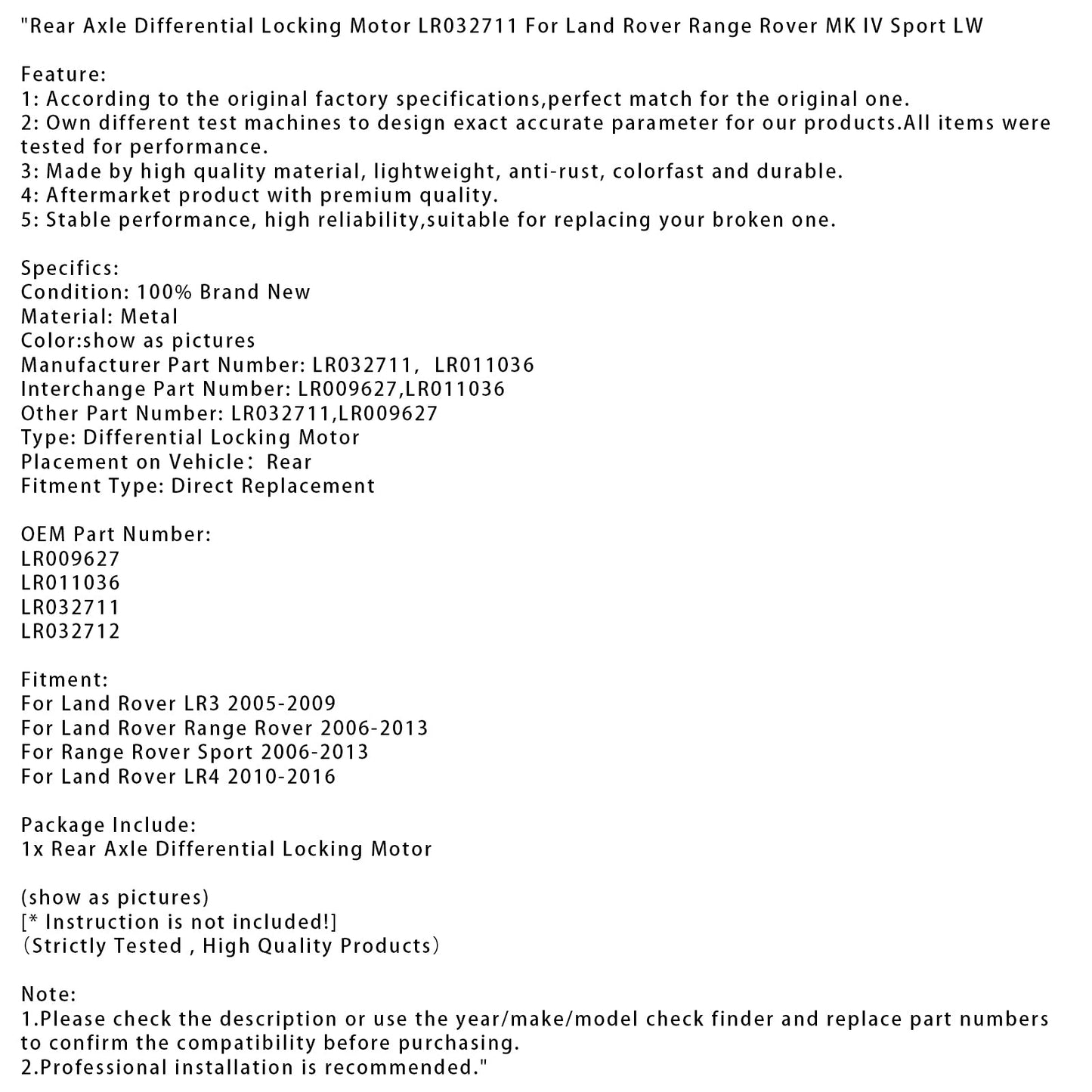 Motore di bloccaggio del differenziale posteriore Land Rover Range Rover 2006-2013 LR032711 LR011036