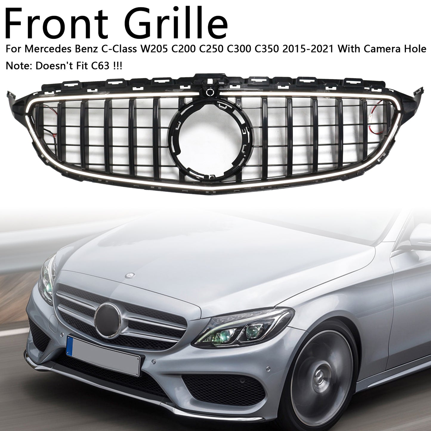 Per Mercedes W205 C250 C300 2015-2021 W/LED Griglia paraurti anteriore nera
