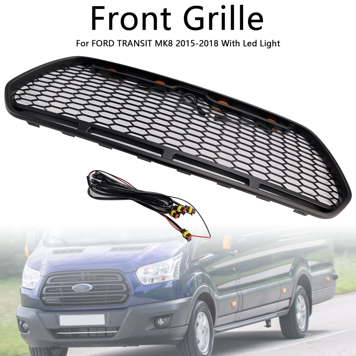Griglia paraurti anteriore nera opaca Ford Transit MK8 Raptor 2015-2018 con LED