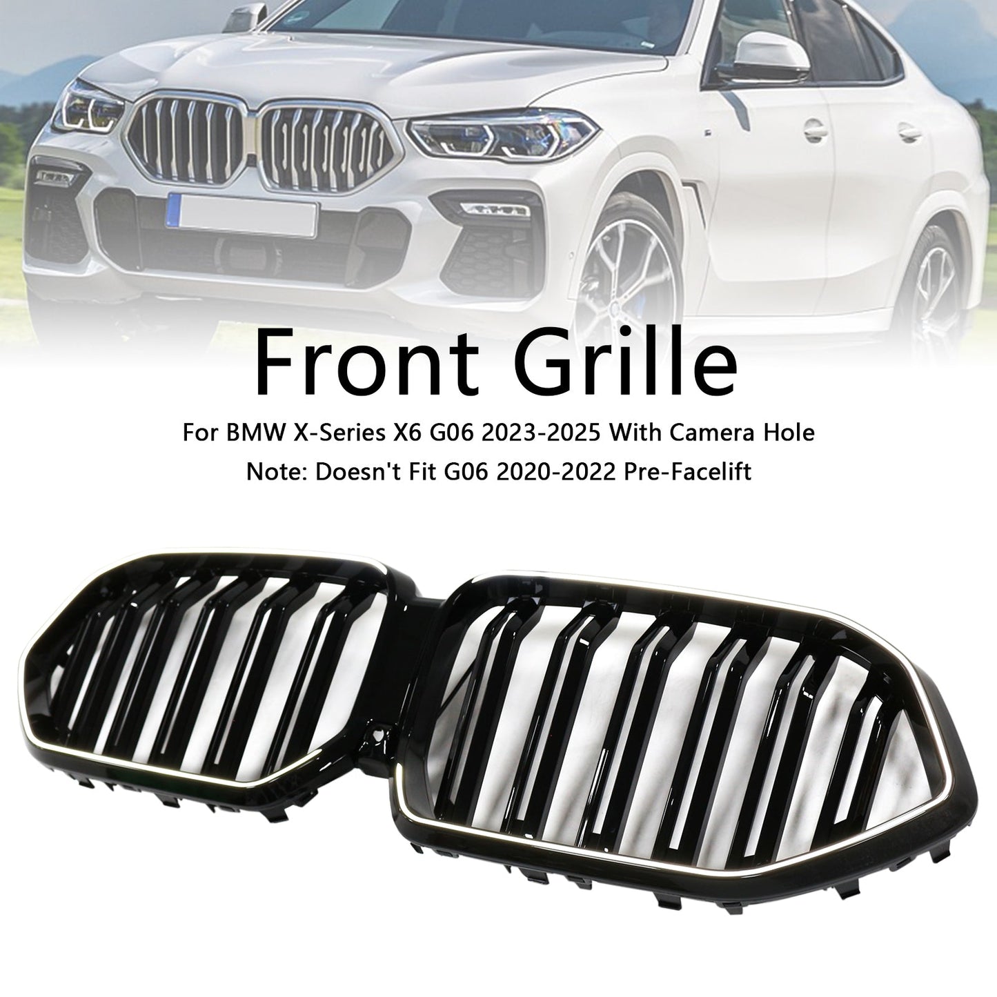 2023-2025 BMW X6 G06 M60i con foro per telecamera, griglia paraurti anteriore a doppia stecca