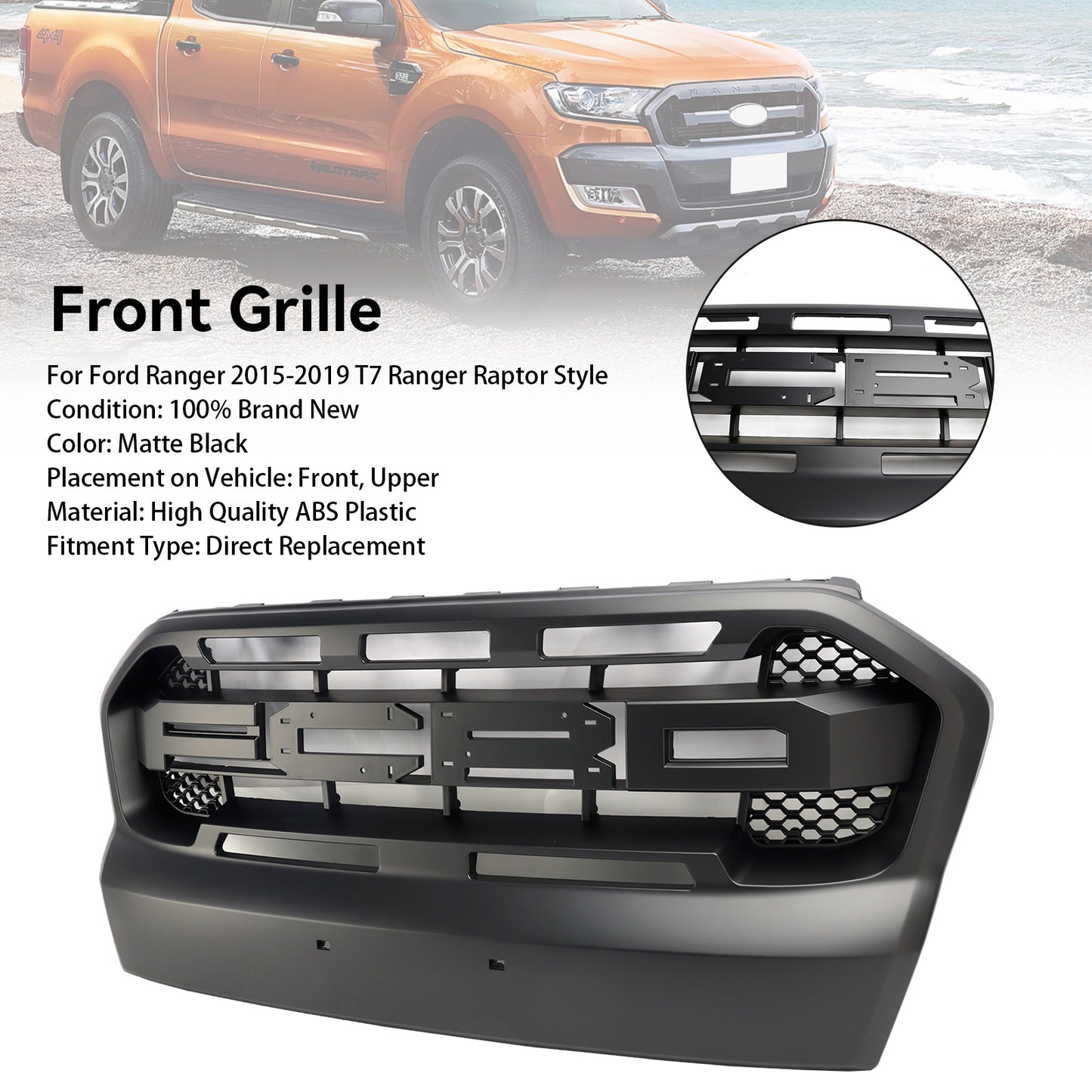 Matt Black Ranger Raccer Raptor Style Front Bumper Grill per Ford Ranger 2015-2019 T7