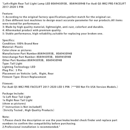 Fanale posteriore sinistro e destro Audi Q5 MK2 PRE-FACELIFT 2017-2020 LED 5 PIN 80A945093B