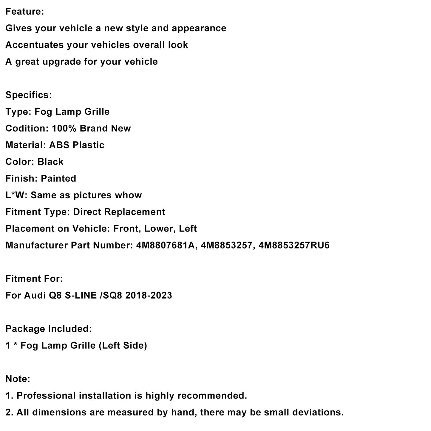 Griglia paraurti anteriore sinistra Audi Q8 S-Line SQ8 2018-2023 4M8807681A