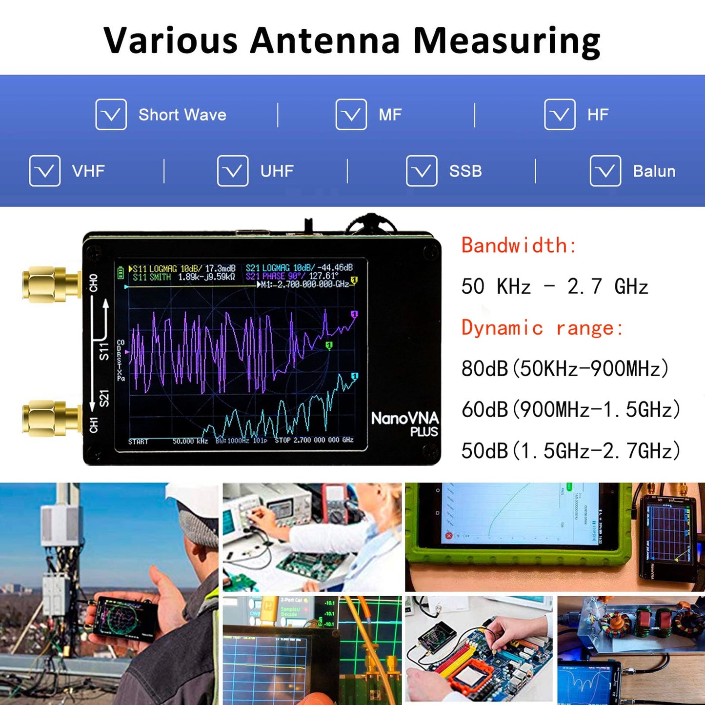 Analizzatore di rete vettoriale portatile NanoVNA Plus da 2,8 pollici aggiornato da 50 kHz a 2,7 GHz