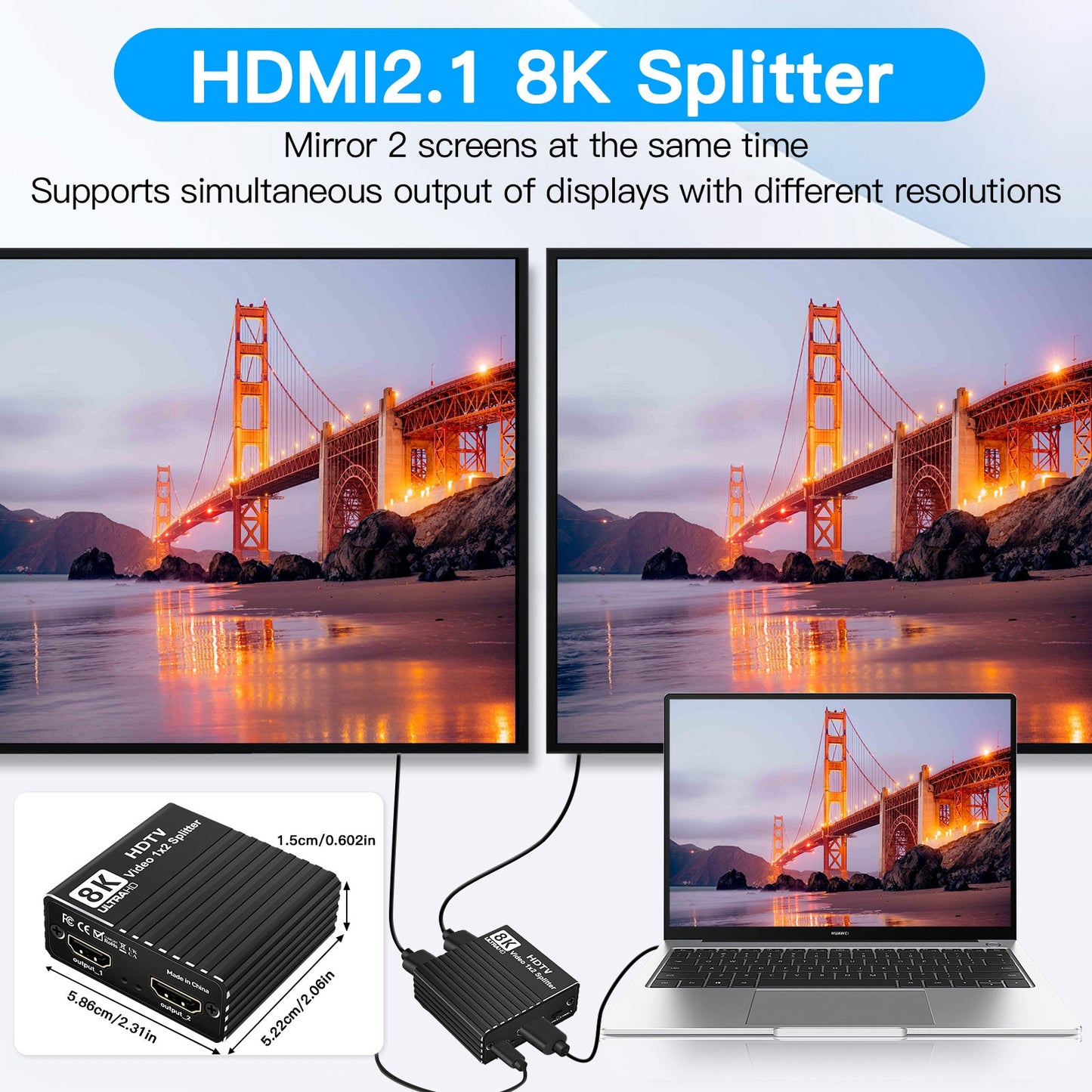 Splitter HDMI 8K 1 a 2 HD2.1 8K60hz/4K120hz/1080P240hz con EDID Splitter 1x2