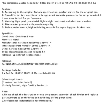 Kit di ricostruzione del filtro e della frizione del cambio principale per NISSAN JF015E RE0F11A 2.0