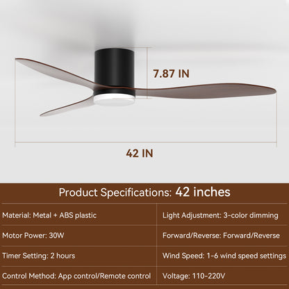 Dimmable LED  DC  Motor 42” Profile Ceiling Fan with Lights Remote/App Control