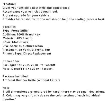 Griglia paraurti anteriore a nido d'ape nero lucido adatta per Jaguar XE 2015-2018