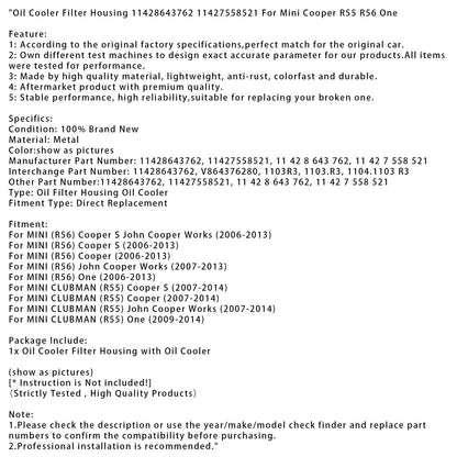 Alloggiamento filtro radiatore olio 11428643762 11427558521 per Mini Cooper R55 R56 One