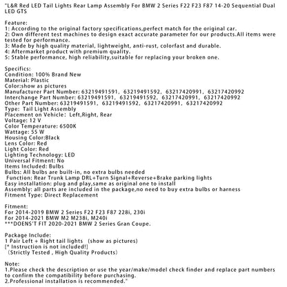 Fanali posteriori a LED rossi L&amp;R per BMW Serie 2 F22 F23 F87 228i, 230i 2014-2019, gruppo ottico posteriore 63219491591