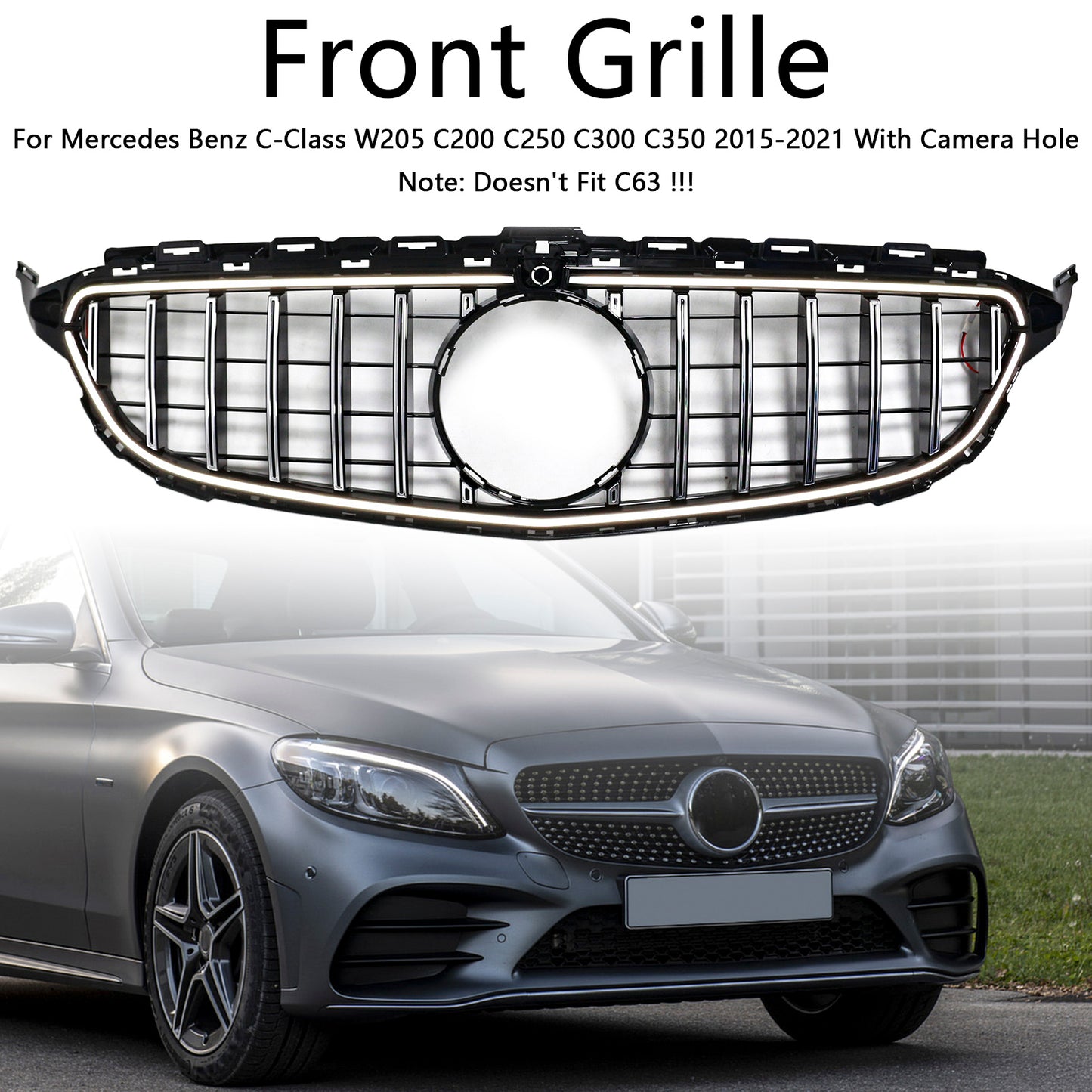 Per Mercedes W205 C250 C300 2015-2021 W/LED Griglia paraurti anteriore cromata