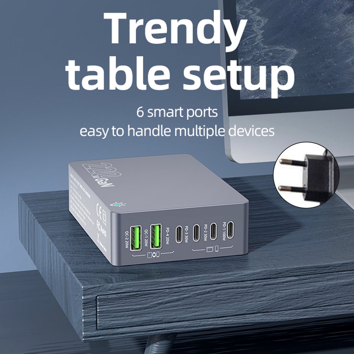 Stazione di ricarica da tavolo F8A Caricabatterie rapido USB a 6 porte Supporto di ricarica PD100W Caricabatterie intelligente Spina UE