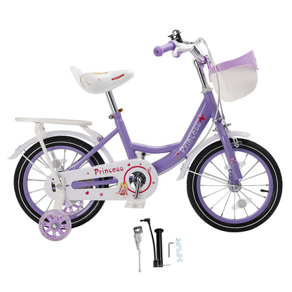 Bicicletta da principessa per bambini da 18" per ragazze, con ruote da allenamento rimovibili, rosa/viola