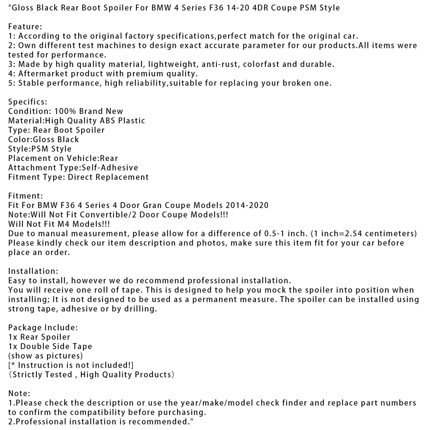 Spoiler posteriore per bagagliaio nero lucido BMW Serie 4 F36 4DR Coupé 2014-2020 PSM Style