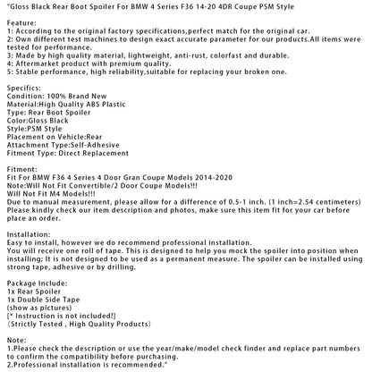Spoiler posteriore per bagagliaio nero lucido BMW Serie 4 F36 4DR Coupé 2014-2020 PSM Style