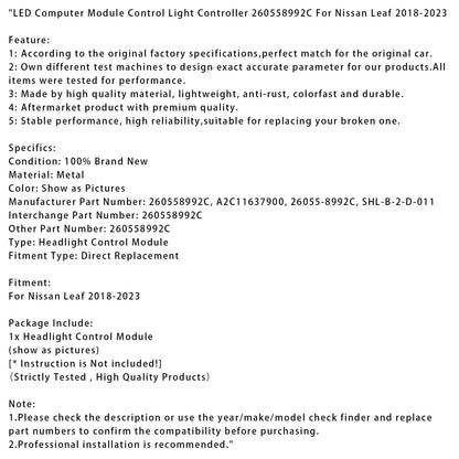 Modulo computer LED Nissan Leaf 2018-2023, controller luci di controllo 260558992C
