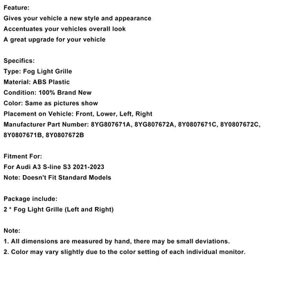 Griglia fendinebbia anteriore a nido d'ape nera Audi A3 S-line 2021-2023