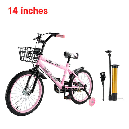 Bicicletta per bambini da 14 pollici, Sedile e maniglia regolabili, Telaio in acciaio al carbonio, Doppi freni, Ruote radio a prova di urti, Ruota flash magnetica, Ruote di sostegno smontabili