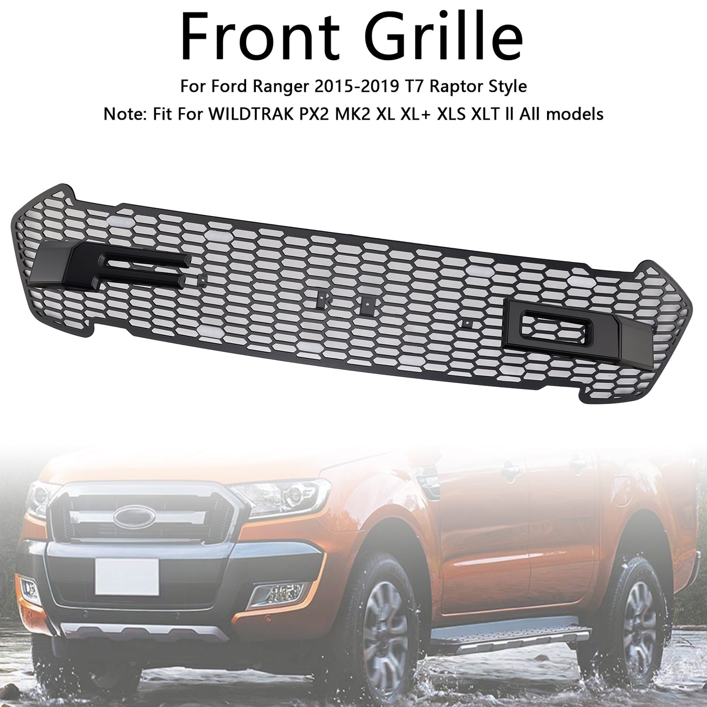 Griglia paraurti anteriore nero opaco adatta per Ford Ranger 2015-2019 T7 W/LED
