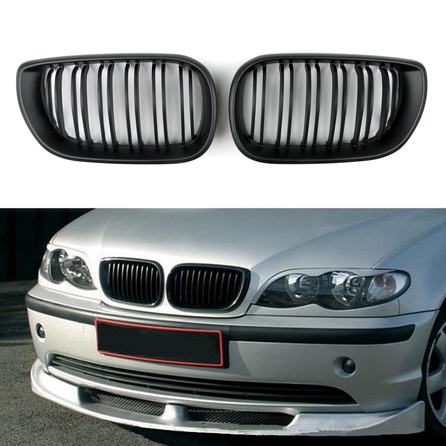 Griglia anteriore a doppio rene per BMW E46 Serie 3 2002-2005, 4 porte, colore nero opaco