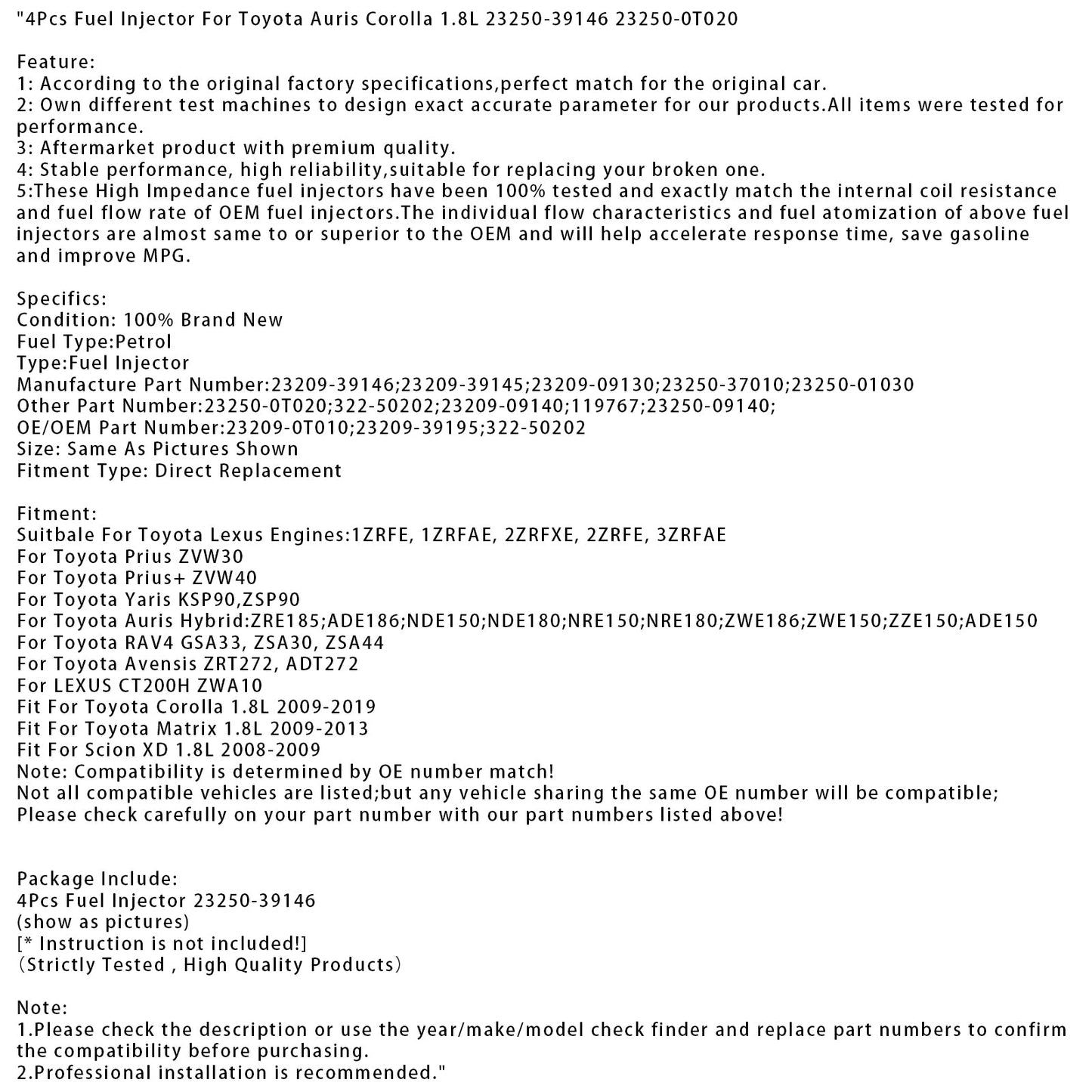 4 pezzi iniettori carburante per Toyota Auris Corolla 1.8L 23250-39146 23250-0T020