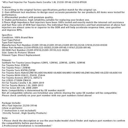 4 pezzi iniettori carburante per Toyota Auris Corolla 1.8L 23250-39146 23250-0T020