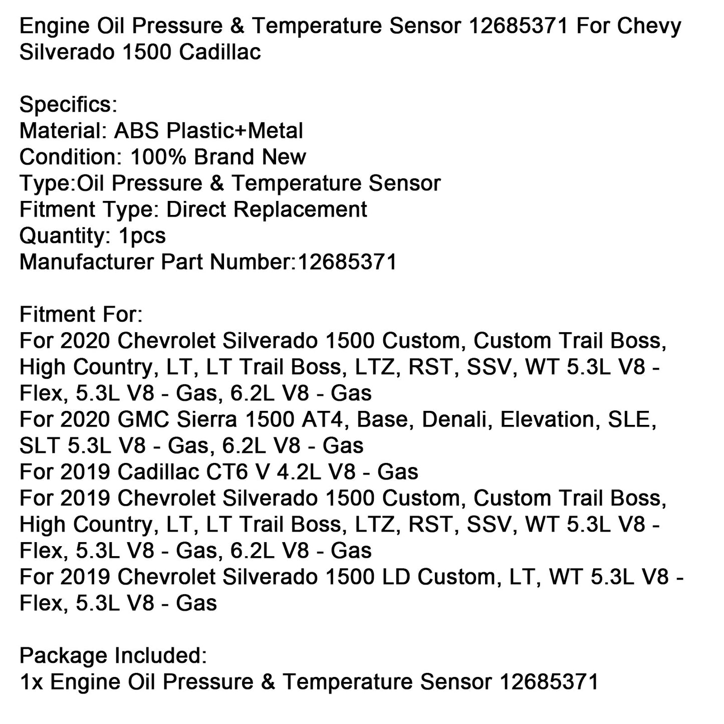 Sensore di pressione e temperatura dell'olio motore 12685371 per Chevy Silverado Cadillac