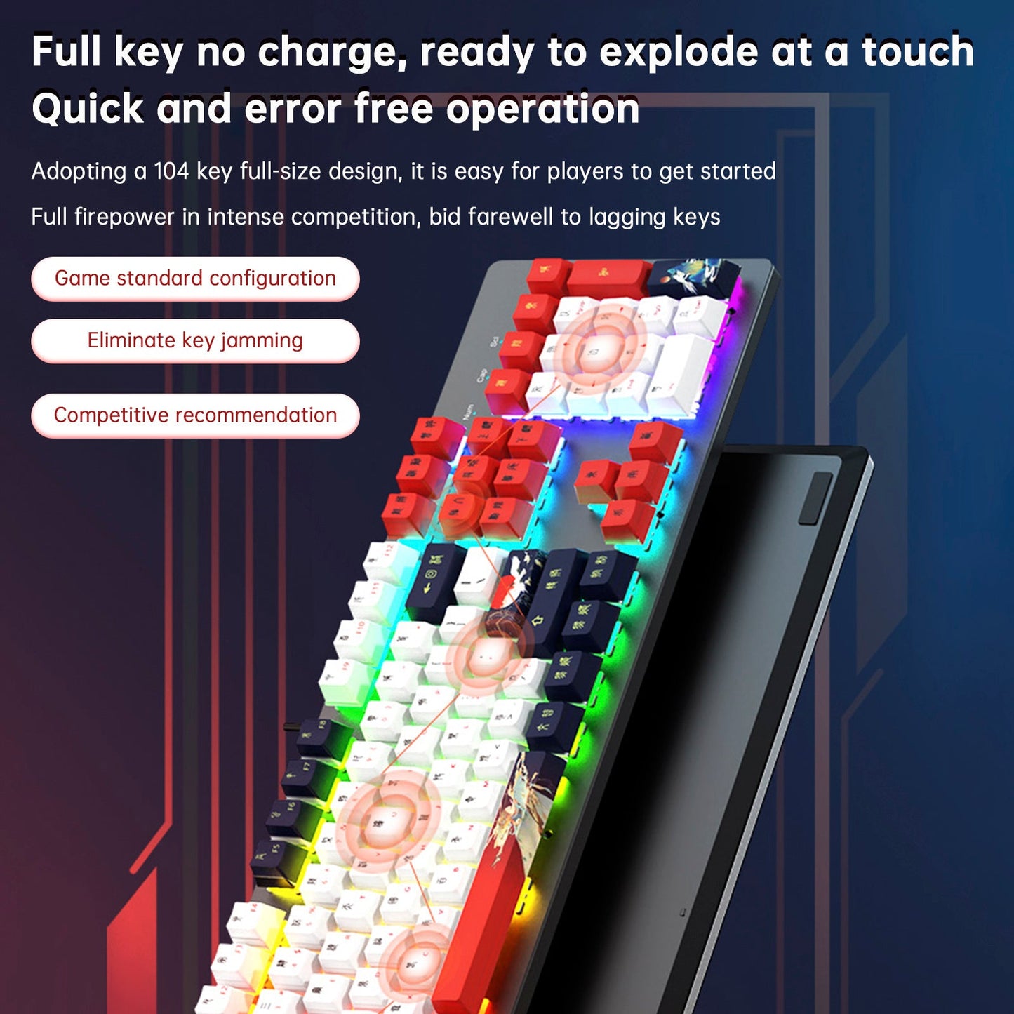Tastiera da gioco meccanica cablata con interruttore lineare da 104 tasti e luce RGB con interruttore blu
