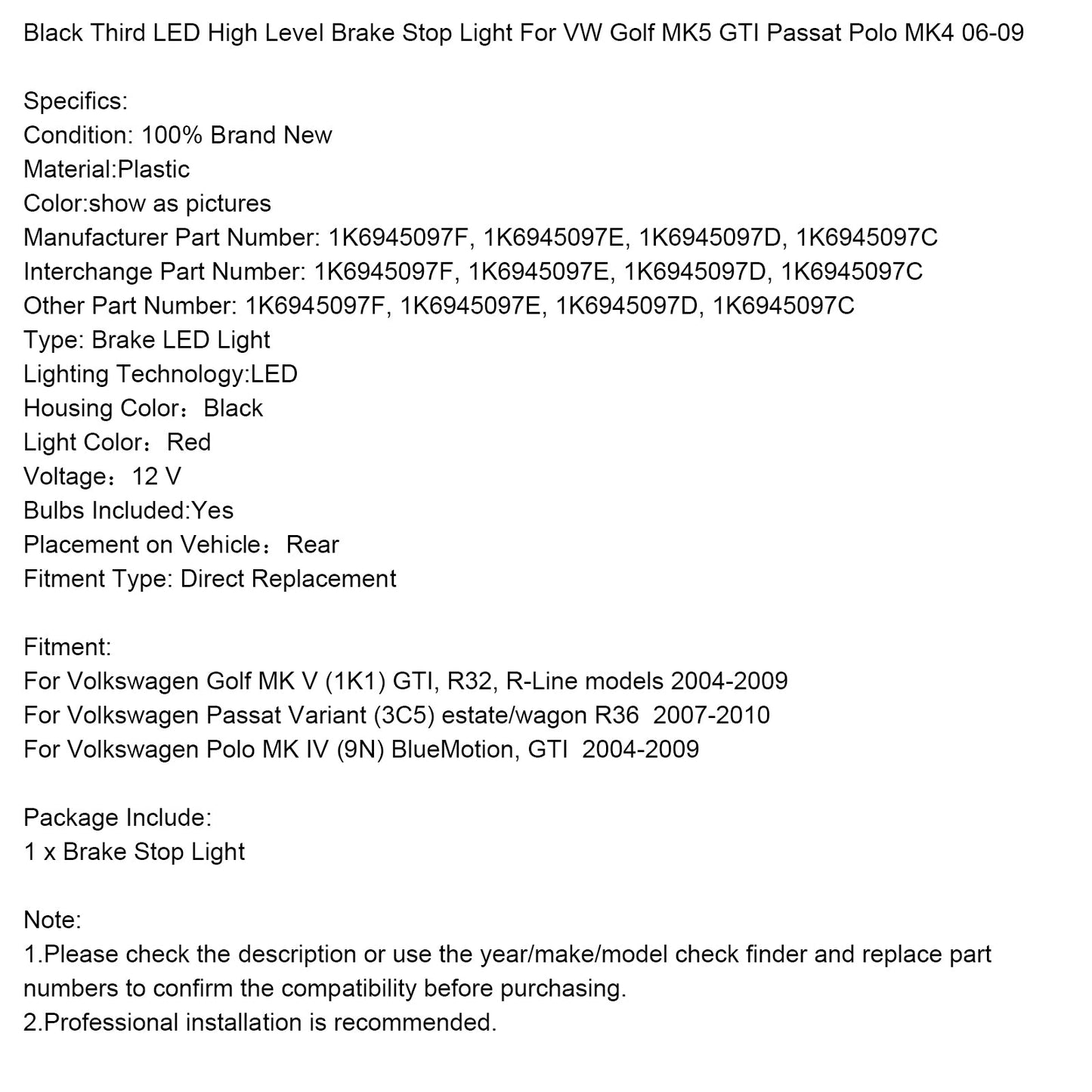 Luce di stop a LED nera di terza luce di stop ad alto livello per VW Golf MK5 GTI Passat Polo MK4