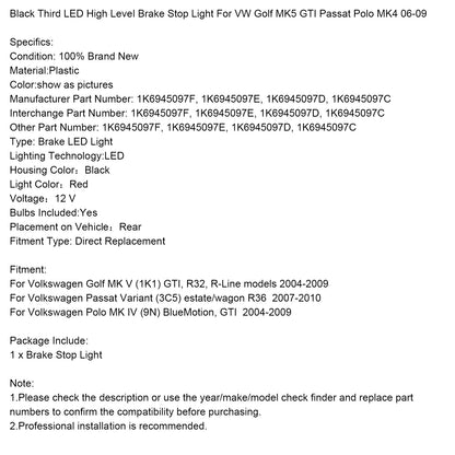 Luce di stop a LED nera di terza luce di stop ad alto livello per VW Golf MK5 GTI Passat Polo MK4