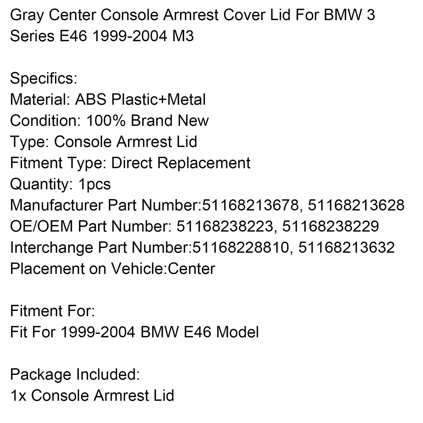 Coperchio del bracciolo della console centrale grigio per BMW Serie 3 E46 1999-2004 M3
