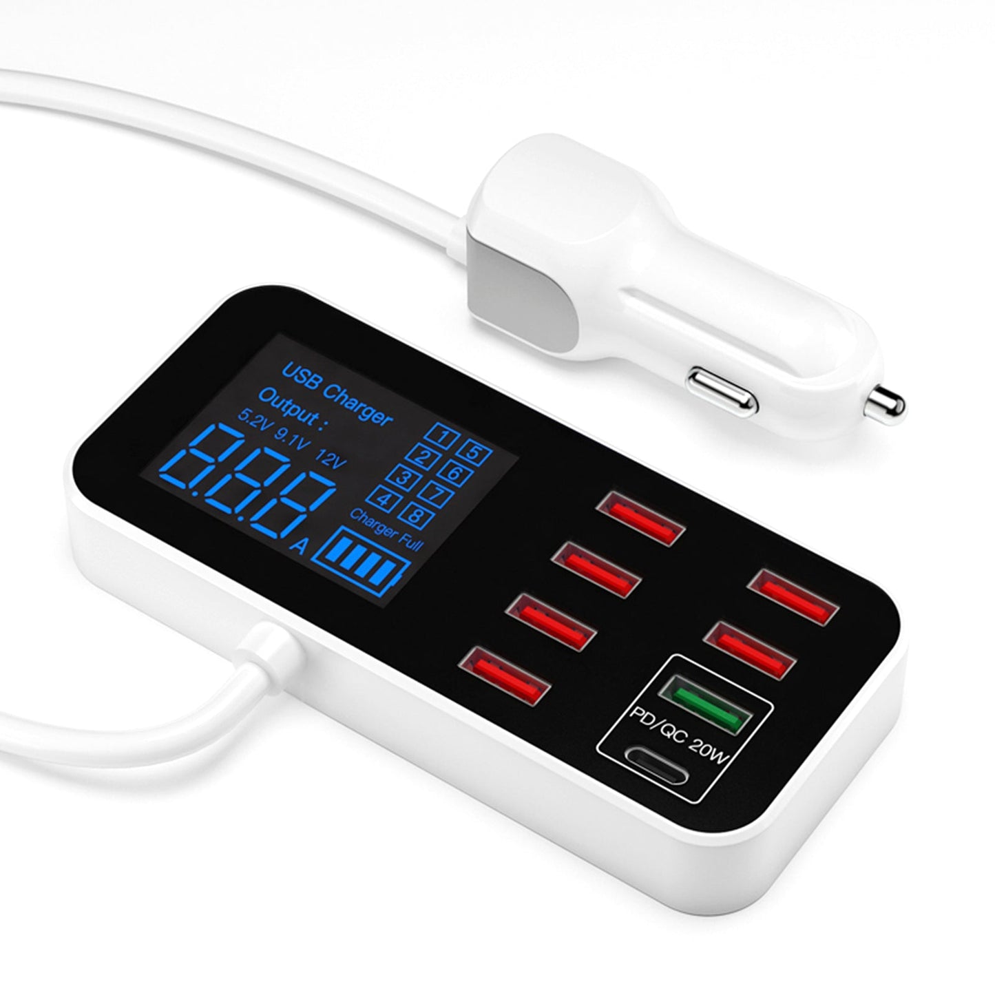 Caricabatterie USB PD5V1A QC3.0 con display, piccolo caricabatteria per auto a 8 porte, accendisigari