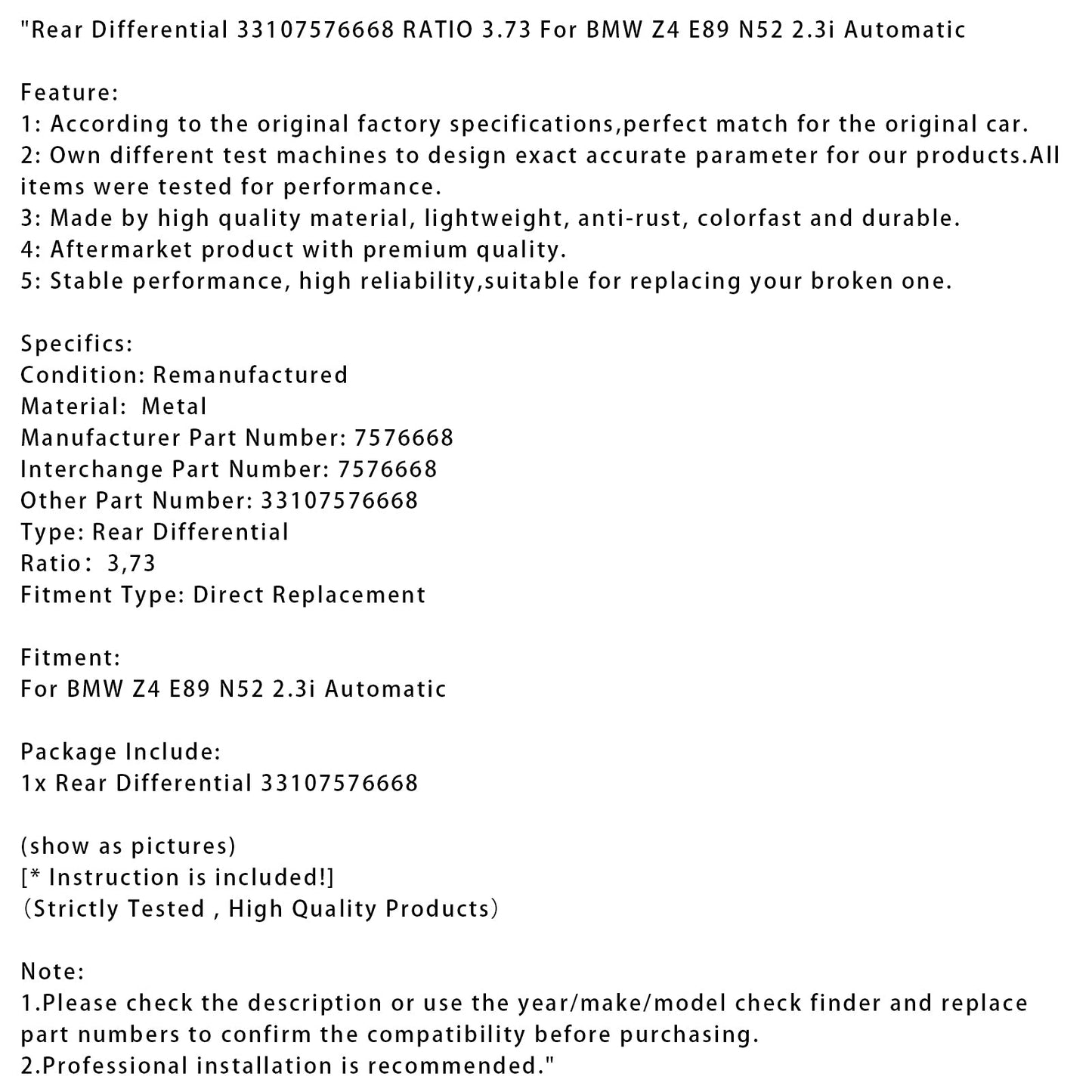 BMW Z4 E89 N52 2.3i Differenziale posteriore automatico 33107576668 RAPPORTO 3,73