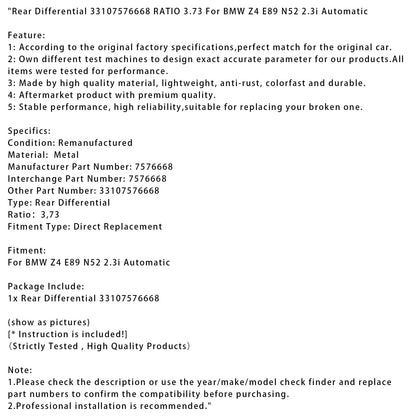 BMW Z4 E89 N52 2.3i Differenziale posteriore automatico 33107576668 RAPPORTO 3,73