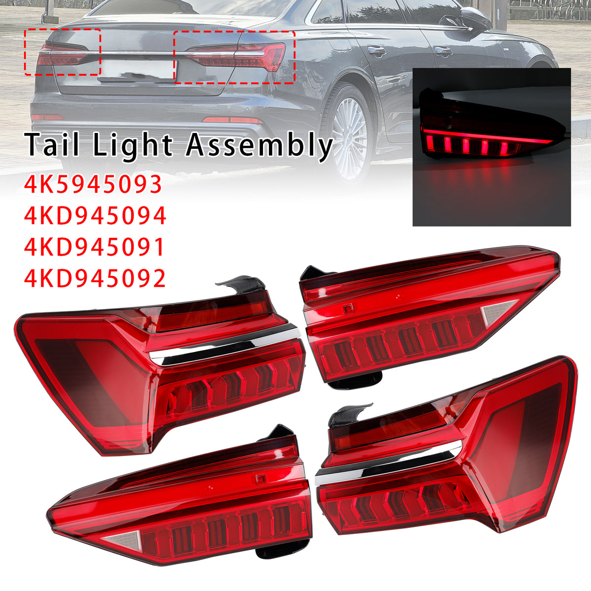 4PCS Left Right Outer Inner LED Tail Light Assembly Per Audi A6 C8 2019-2023