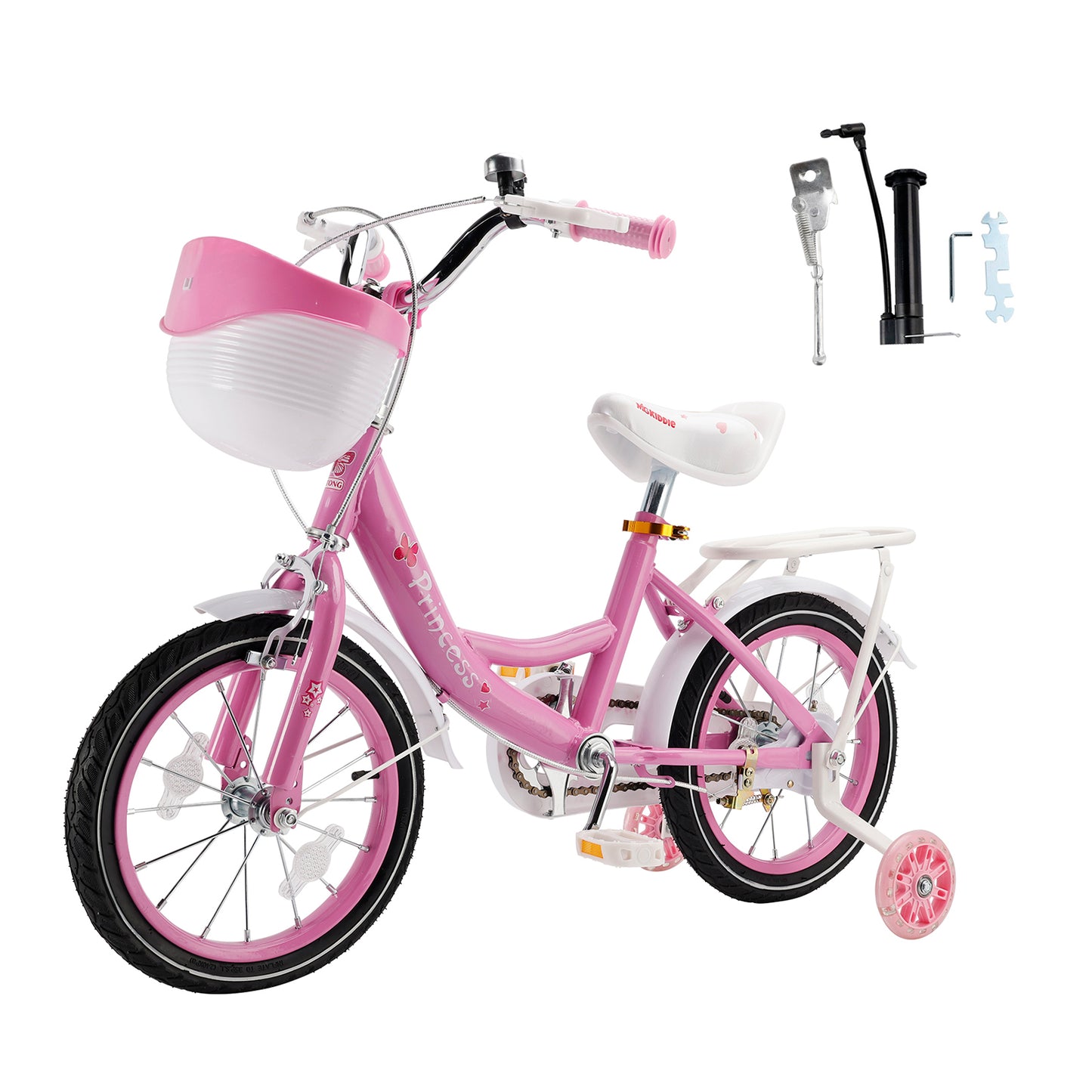 Bicicletta da principessa per bambini da 18" per ragazze, con ruote da allenamento rimovibili, rosa/viola