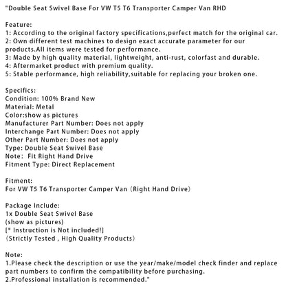 VW T5 T6 Transporter Camper Van RHD Base girevole a doppio sedile